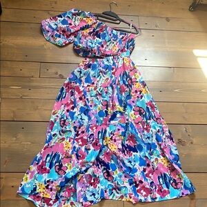 THML Pink and Blue Asymmetrical Ruffled Sundress